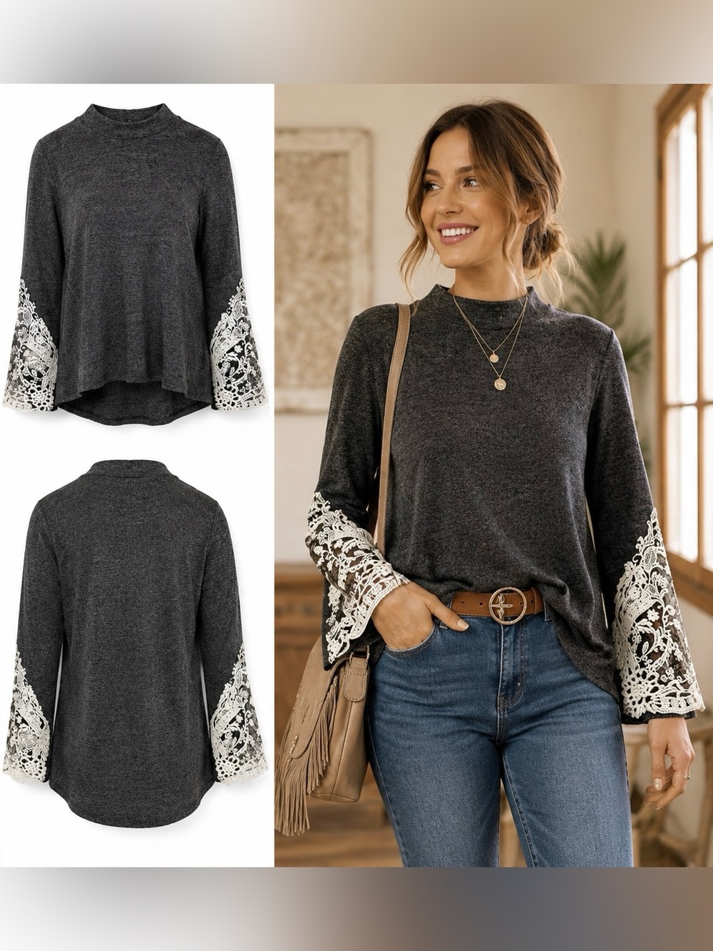 Altard State Mock Neck Lace Bell Sleeve Sweater M Gray Crochet Boho Knit Top